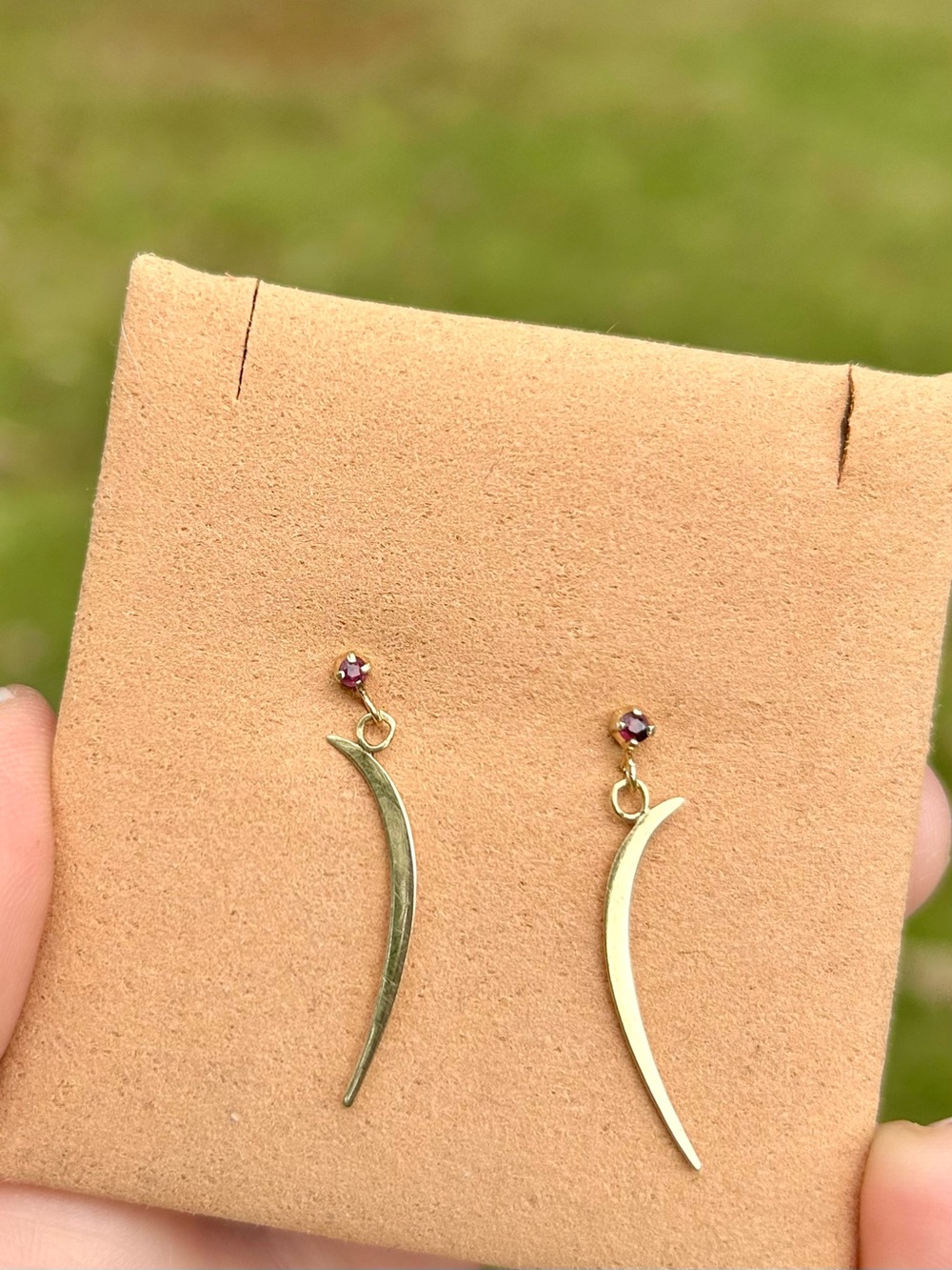 10k Gold Earrings - Ruby Gemstone Stud w Crescent Dangle - Cool girl